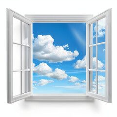 An open window through which you can see the blue sky with clouds.