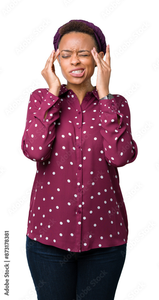 Sticker beautiful young african american woman wearing head scarf over isolated background with hand on head