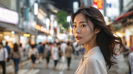  beautiful asian women on a busy street,