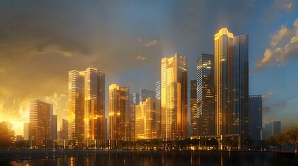 Fototapeta premium Golden Skyline Glow: Cityscape at Dusk with Warm Illuminated Buildings and Vibrant Sky Gradient of Blue and Orange