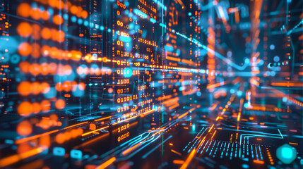 Abstract digital technology background, data visualization. Computing concept. Lots of numbers in a large system. Technology and business concept, analysis.