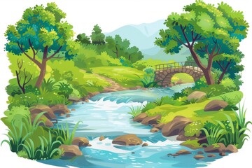 A picturesque valley surrounded by lush greenery, featuring a meandering river and a charming bridge. The perfect spot to unwind and connect with nature.
