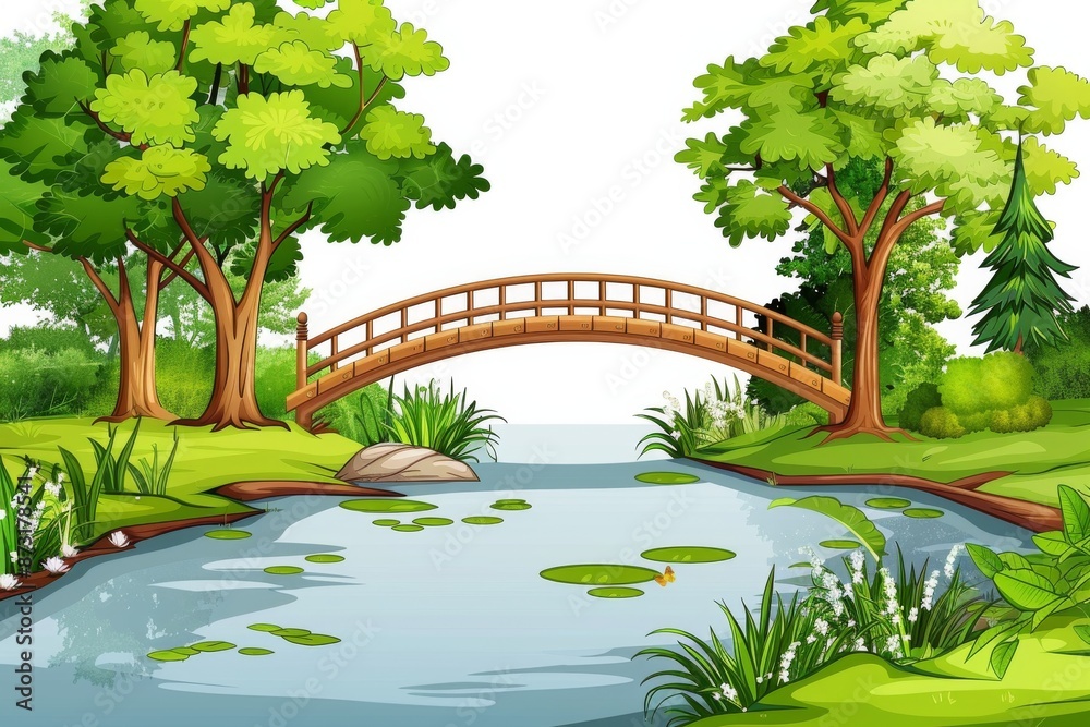 Wall mural a serene bridge connects two idyllic landscapes over a calm river, surrounded by lush greenery and m