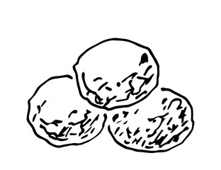 Simple hand drawn vector illustration with black outline. Traditional Kazakh pastries, baursak. Round buns, dough, fried. Flour products, bakery. Sketch in ink.