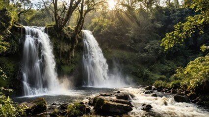 Fototapeta premium waterfalls run very high on the trees as sunlight shines in the background and white clouds surround them in this picture captured by a lensed picture in this angle view,