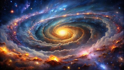 Vibrant astronomical wonderland featuring swirling clouds of interstellar gas and dust in a mesmerizing celestial spiral galaxy formation.