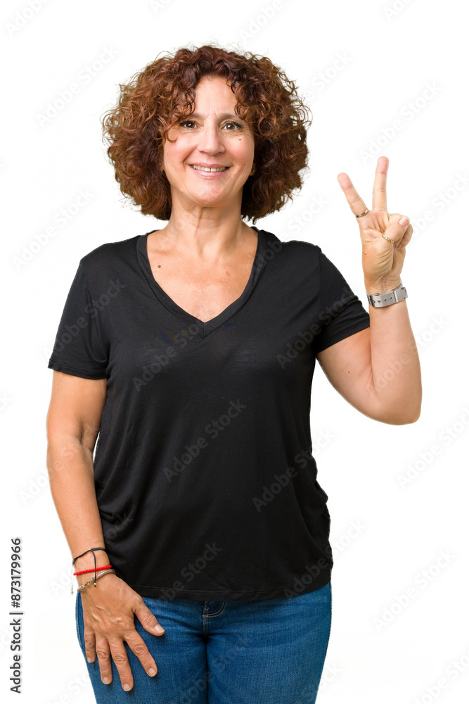 Sticker Beautiful middle ager senior woman over isolated background showing and pointing up with fingers number two while smiling confident and happy.