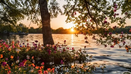  sun sets behind the trees of a water scene with colorful blooms,
