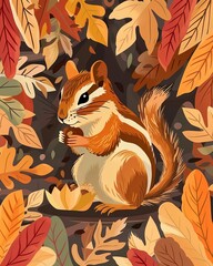 Fototapeta premium Illustration of a chipmunk surrounded by autumn leaves, capturing the essence of fall with vibrant orange and brown hues.