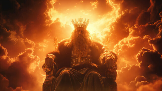 Majestic God sitting on a throne with a glowing golden crown against an epic fiery sky background. Divinity, power, ruler, divine kingdom concept.