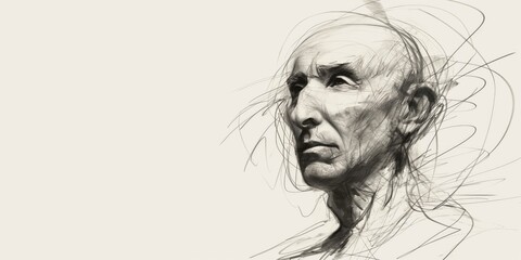 Fototapeta premium Sick bold person charcoal sketch portrait with expressive lines and dynamic shading on neutral light white background with copyspace to the left
