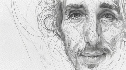 Fototapeta premium Charcoal sketch portrait of calm friendly man with expressive lines and dynamic shading on neutral light white background with copyspace