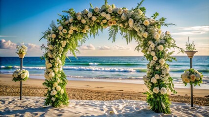 Delicate ornate wedding arch adorned with white roses and lush greenery on a serene sunny beach at low tide.