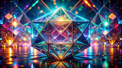 Illuminated futuristic 3D holographic shape surrounded by mesmerizing reflective glass dispersion with vibrant colors and sharp geometric patterns.