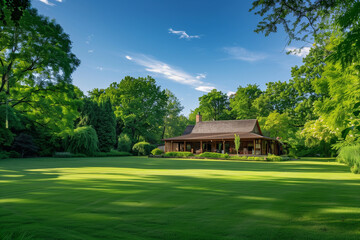 A large lush green lawn in front of the house, with trees and shrubs on both sides. . The wooden cabin cottage house at one end of the yard, large open space on a grassy field