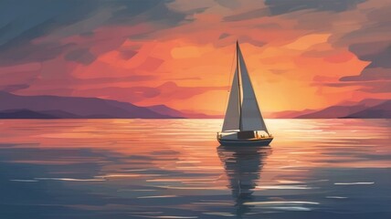 Fototapeta premium oil paint, sailboat boat at sunset on the ocean