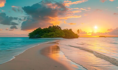 Serene Tropical Island at Sunset with Golden Beach and Turquoise Waters, Heaven on Earth