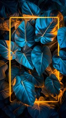 Vibrant abstract composition with glowing neon frame and deep blue tropical leaves. Perfect for backgrounds and design projects.