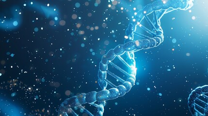 Obraz premium The blue background uses a futuristic and high-tech DNA double helix structure, a colored blue DNA model surrounded by light particles, and a close-up of two strands connected into an S-shape on a cle