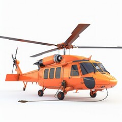 Orange helicopter prepped for flight with rotating blades and landing gear, isolated on white background.