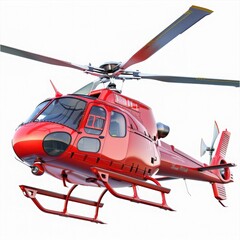 Red helicopter isolated on white background, showcasing modern aviation and transportation technology, perfect for stock photo usage.