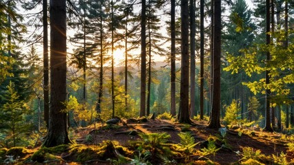 Obraz premium a view of a forested area with trees in the foreground