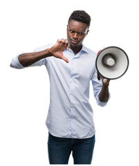 Young african american man holding megaphone with angry face, negative sign showing dislike with thumbs down, rejection concept