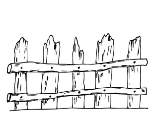 Wooden old fence made of boards. Simple vector drawing with black outline. Sketch in ink.