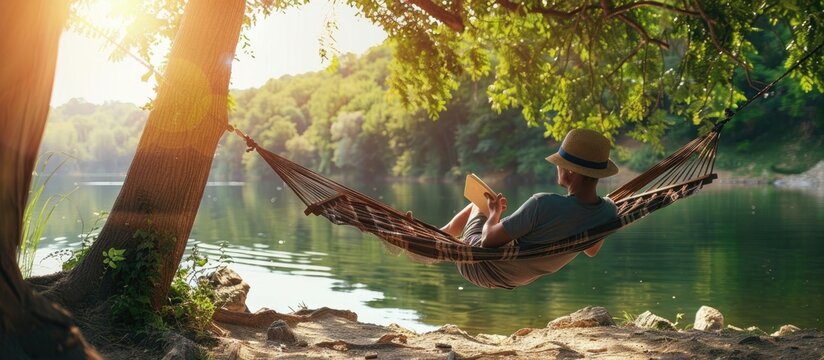 Man reading in hammock near serene lake with mountains and nature, enjoying peaceful outdoor scenery. AIG62