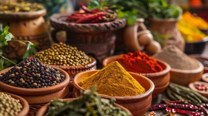 Fototapeta premium Assorted Spices in Wooden Bowls