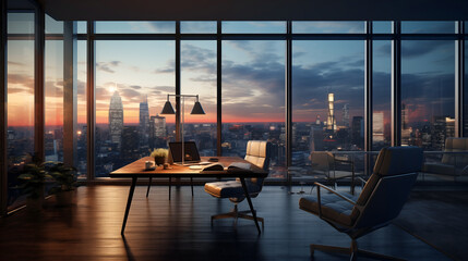 Sunset view from a cozy, empty room with large glass windows overlooking the marina