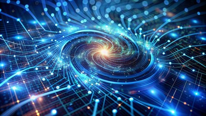 Fototapeta premium Complex neural network patterns and swirling data vortexes visualized on a futuristic virtual screen with pulsing blue circuitry background.