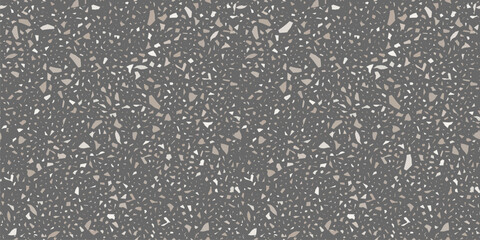 Terrazo flooring seamless pattern. Vector realistic asphalt texture with grey mosaic abstract elements. Terrazzo tile with natural pieces of marble, granite or quartz. Classic Italian floor background