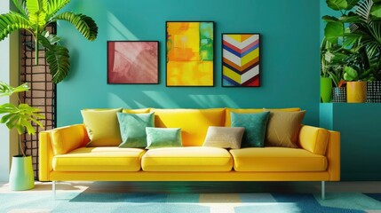 A vibrant modern living room in 3D rendering, showcasing a bright yellow sofa set against teal walls, filled with colorful abstract art and green indoor plants, creating a lively space.