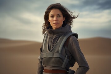 Portrait of a glad woman in her 20s dressed in a thermal insulation vest isolated on serene dune landscape background