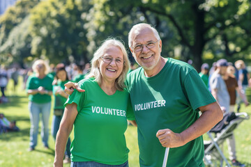 Happy volunteer senior couple looking at camera with a team. Participating a charity, eco-friendly project, community service, or donations concept.