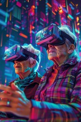 Fototapeta premium Two elderly people wearing VR headsets experience a vibrant, digital world.