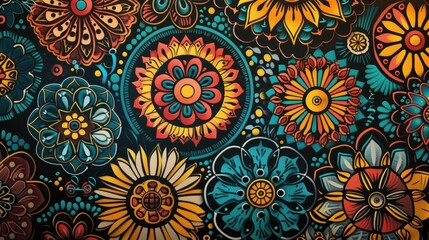 An abstract background with intricate mandala patterns in bold, bright colors.