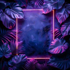 Vibrant neon frame in tropical foliage with purple and pink lighting, perfect for modern, creative, and artistic design projects.