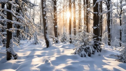 Obraz premium snow covered trees are seen in a sunlit forest,