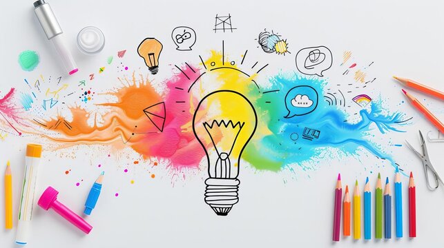 Creative concept of a colorful brainstorming session with a lightbulb and various elements, representing ideas, innovation, and creativity.