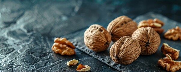 Closeup of Whole Walnuts on Slate Surface with Copy Space