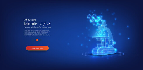 Education and science wireframe conce. Vector design showcases a high-tech digital microscope in a glowing blue wireframe style, ideal for scientific and educational illustrations