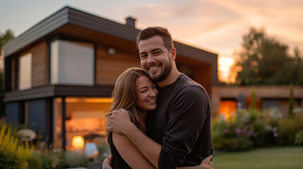 A couple in love hugging in front of their new modern luxury villa house, front view of a happy couple, buying a new villa or modern house, real estate concept.