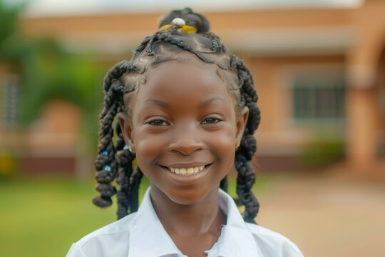 Cheerful African Schoolgirl Smiling Outside School Building, Back to School Concept