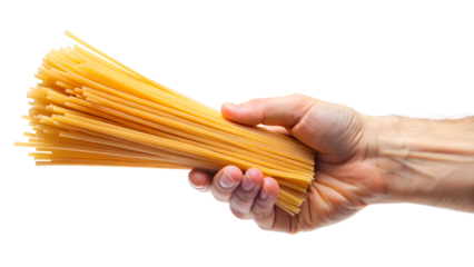 A close-up of a hand holding dry yellow spaghetti, a key ingredient in Italian cuisine