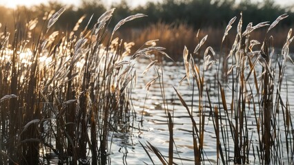  an abstract landscape setting showing some water reeds,