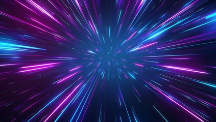 abstract background with blue and purple neon lines, glowing rays of light on a black backdrop. A digital futuristic design