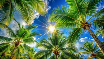 Vibrant sunbeams burst through lush green coconut palm leaves against a brilliant blue sky, evoking serene tropical tranquility.