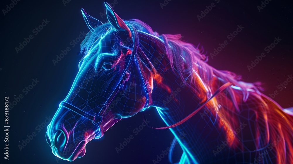 Sticker Bioluminescent thoroughbred, facing camera, neon lighting, National Geographic, ultra detailed, 8K 